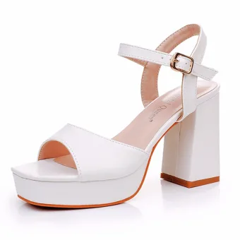 Minimalist White Ankle Strap Wedding Shoes 2025 9 Cm Thick Heels Open Peep Toe Wedding Sandals High Heels