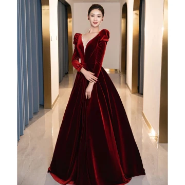 Elegant Burgundy Suede Prom Dresses 2024 A Line Princess V Neck Long Sleeve Backless Floor Length Long Prom Formal Dresses