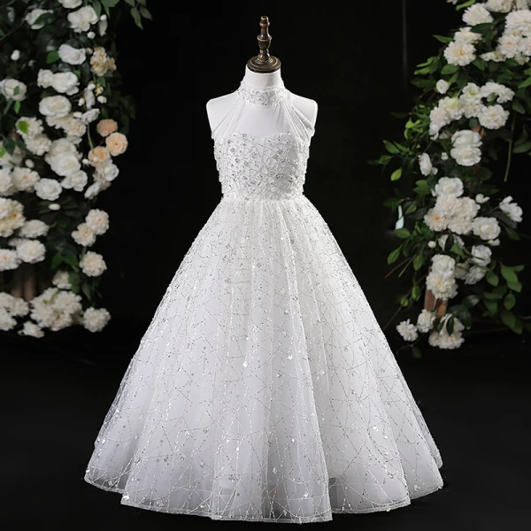 Chic / Beautiful Grey Beading Sequins Birthday Flower Girl Dresses 2024 A-Line / Princess High Neck Sleeveless Floor-Length / Long Tulle