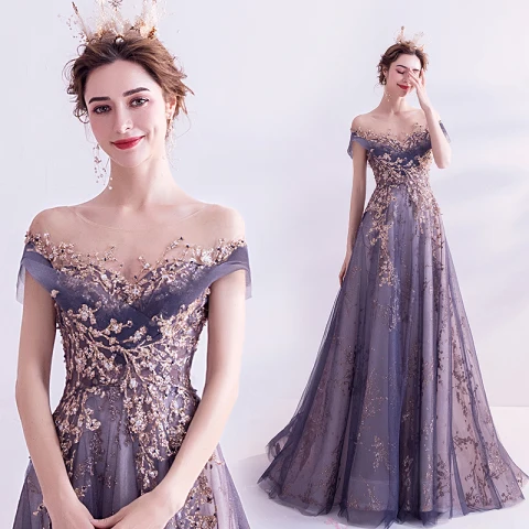 Élégant Violet Glitter Robe De Bal 2020 Princesse Encolure Dégagée Perlage Faux Diamant Paillettes En Dentelle Fleur Manches Courtes Dos Nu Train De Balayage