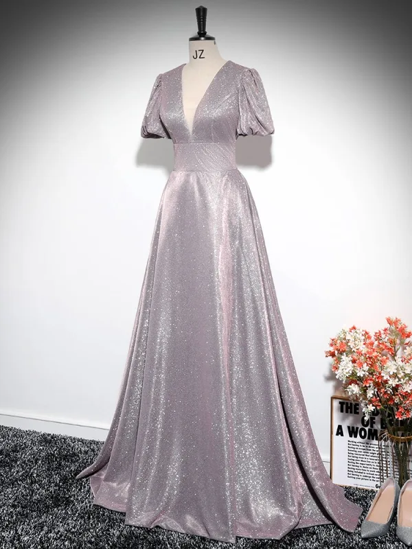 Sparkly Blushing Pink Glitter Prom Dresses 2024 A-Line / Princess V-Neck Short Sleeve Backless Floor-Length / Long Prom Formal Dresses
