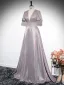 Sparkly Blushing Pink Glitter Prom Dresses 2024 A-Line / Princess V-Neck Short Sleeve Backless Floor-Length / Long Prom Formal Dresses