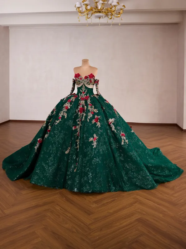 Luksus Vintage Mørk Grønn Beading Blonder Blomst Perle Appliques Ballkjoler 2026 Ballkjole Kjæreste Korte Ermer Ryggløse Lange