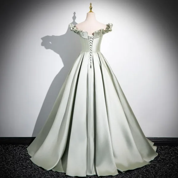 Modest / Simple Sage Green A-Line / Princess Prom Dresses 2024 Off-The-Shoulder Sleeveless Backless Sweep Train Prom Formal Dresses