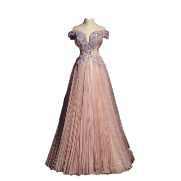 Charmant Dunkel Rosa Glanz Pailletten Ballkleider 2022 A Linie Off Shoulder Applikationen Kurze Ärmel Rückenfreies Lange Ball Festliche Kleider