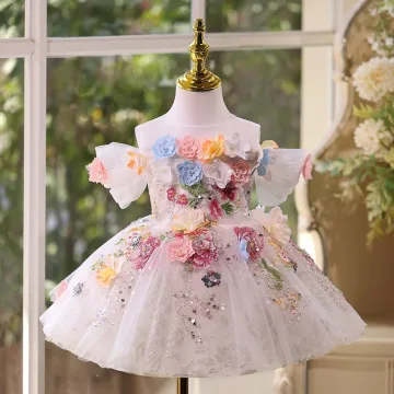 Fée Des Fleurs Multi Couleurs Appliques Paillettes Blanche Anniversaire Courte Robe Ceremonie Fille 2026 Robe Boule Encolure Dégagée Manches Courtes Dos Nu