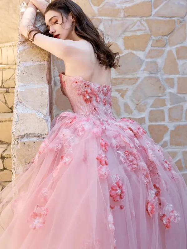 Flower Fairy Blushing Pink Appliques Prom Dresses 2025 Ball Gown Strapless Sleeveless Backless Floor-Length / Long Formal Dresses