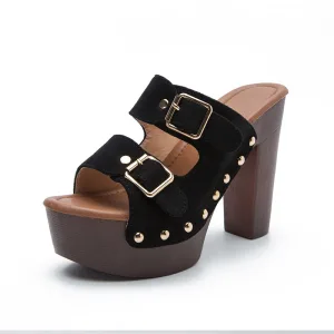 Chic Belle Noire Été Vêtement De Rue Daim Sandales Femme 2022 12 Cm Talons Épais Peep Toes Bout Ouvert Sandales