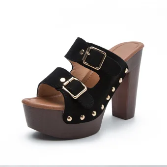 Chic Beautiful Black Summer Street Wear Suede Womens Sandals 2022 12 Cm Thick Heels Open Peep Toe Sandals
