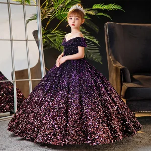 Sparkly Purple Sequins Birthday Flower Girl Dresses 2024 Ball Gown Scoop Neck Short Sleeve Backless Floor Length Long