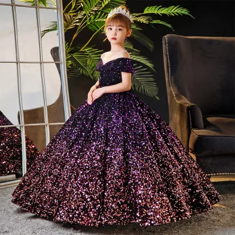 Sparkly Purple Sequins Birthday Flower Girl Dresses 2024 Ball Gown Scoop Neck Short Sleeve Backless Floor Length Long