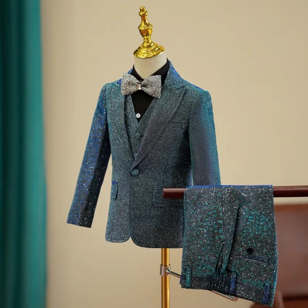 Fashion Navy Blue Glitter 5-piece Long Sleeve Boys Wedding Suits 2024 Coat Pants Shirt Tie Vest