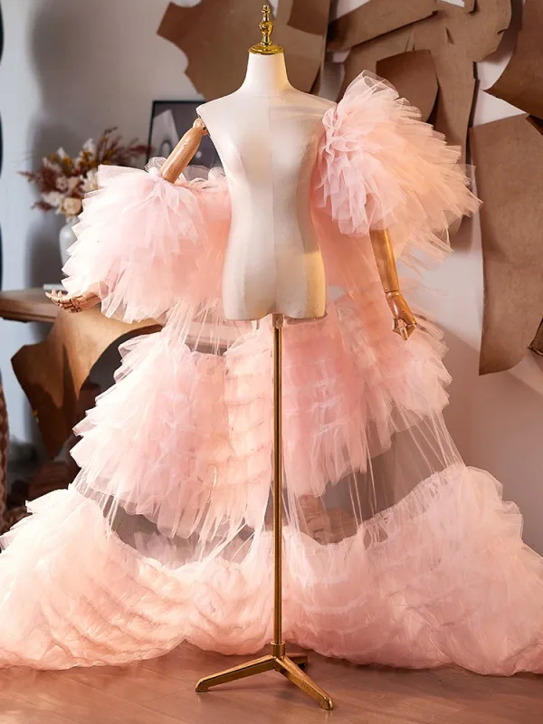 Mode Rougissant Rose Volants en Cascade Manches Courtes Promo châle 2025 Tulle