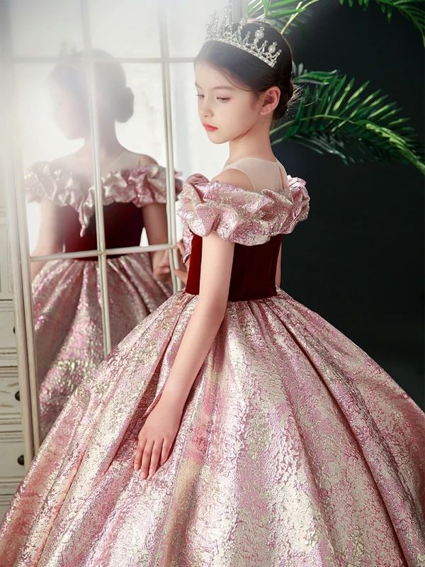 Elegant Burgundy Prom Flower Girl Dresses 2022 Ball Gown Ruffle Scoop Neck Sequins Short Sleeve Floor-Length / Long Flower Girl Dresses