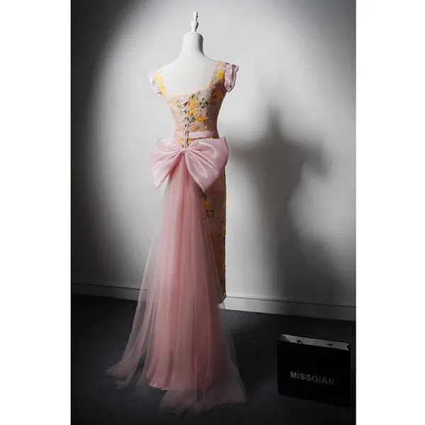 Sexy Rosa Spitze Pailletten Abendkleider 2024 Meerjungfrau Eckiger Ausschnitt Ärmellos Rückenfreies Schleife Lange Festliche Kleider