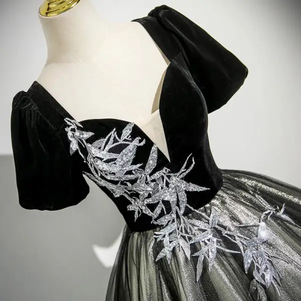 Demure Black Glitter Sequins Prom Dresses 2025 Ball Gown Square Neckline Puffy Short Sleeve Backless Floor-Length / Long Prom Formal Dresses
