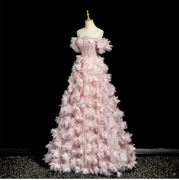 Flower Fairy Blushing Pink Handmade Beading Pearl Rhinestone Appliques Prom Dresses 2025 Ball Gown Off-The-Shoulder Short Sleeve Backless Floor-Length / Long Formal Dresses