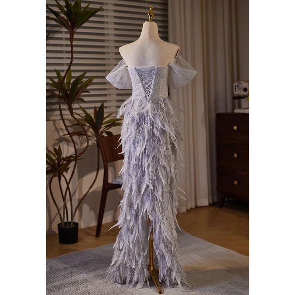 Charmant Lavande Paillettes Plumes Robe De Soirée 2024 Trompette / Sirène De l'épaule Manches Courtes Dos Nu Longue Soirée Robe De Ceremonie
