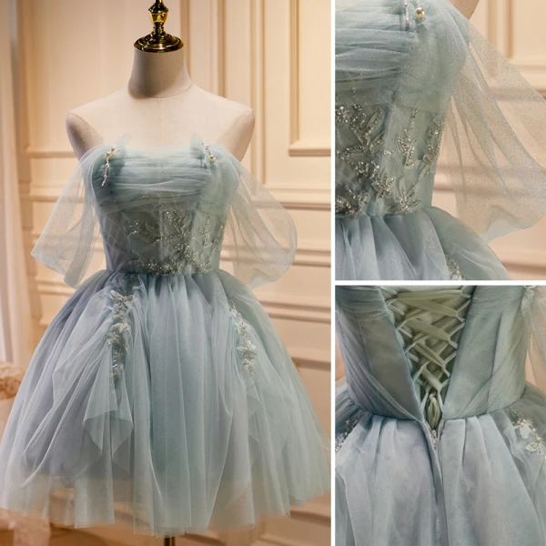 Sexy Bleu Ciel Perlage Perle Paillettes Courte Robe De Fête 2023 Bustier Sans Manches Dos Nu Cocktail Soirée Robe De Ceremonie