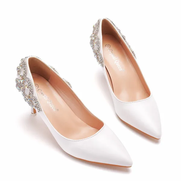 Mooie / Prachtige Witte Rhinestone Bruidsschoenen 2025 7 cm Naaldhakken / Stiletto Spitse Neus Huwelijk Pumps Hoge Hakken