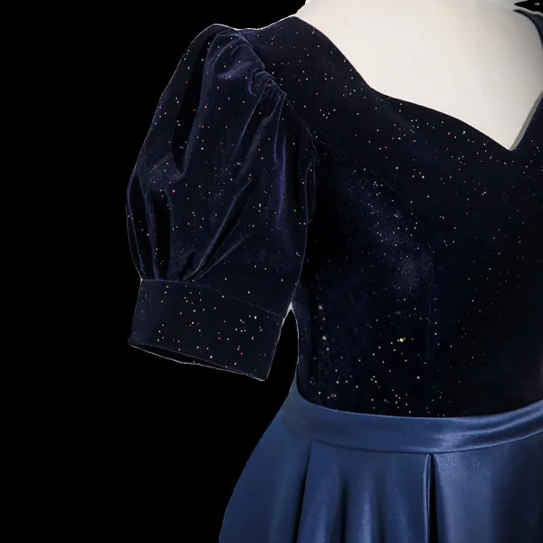 Vintage / Retro Navy Blue Sequins Satin Prom Dresses 2023 A-Line / Princess Square Neckline Short Sleeve Backless Floor-Length / Long Formal Dresses