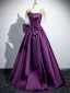 Vintage / Retro Purple Lace Flower Bow Satin Prom Dresses 2025 Ball Gown Scoop Neck Short Sleeve Backless Floor-Length / Long Prom Formal Dresses