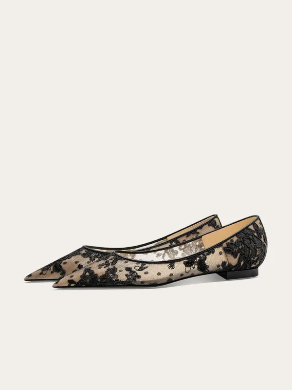Vintage / Retro Chinese style Lace Embroidered Flat Black Prom Womens Shoes 2024 Tulle Pointed Toe Heels