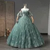 Flower Fairy Sage Green Appliques Prom Dresses 2023 Ball Gown Strapless Short Sleeve Backless Floor-Length / Long Prom Formal Dresses