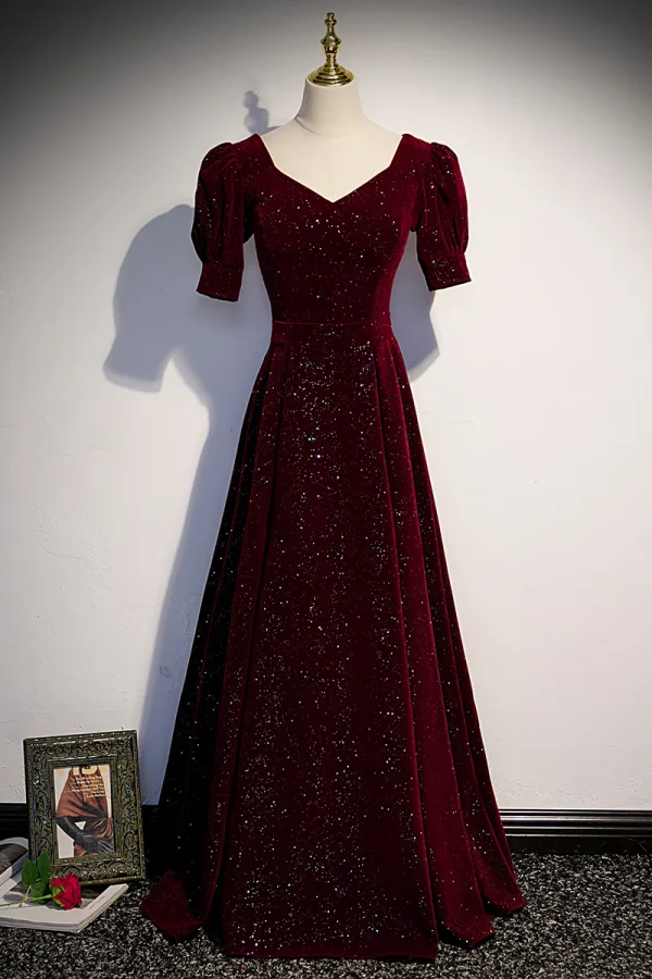 Vintage / Retro Burgundy Sequins Velvet Prom Dresses 2023 A-Line / Princess Square Neckline Short Sleeve Backless Floor-Length / Long Formal Dresses
