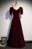 Vintage / Retro Burgundy Sequins Velvet Prom Dresses 2023 A-Line / Princess Square Neckline Short Sleeve Backless Floor-Length / Long Formal Dresses