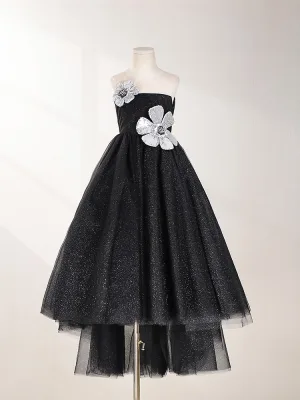 Sparkly Black Beading Sequins Flower Birthday Flower Girl Dresses 2024 A Line Princess Scoop Neck Sleeveless Backless Tea Length