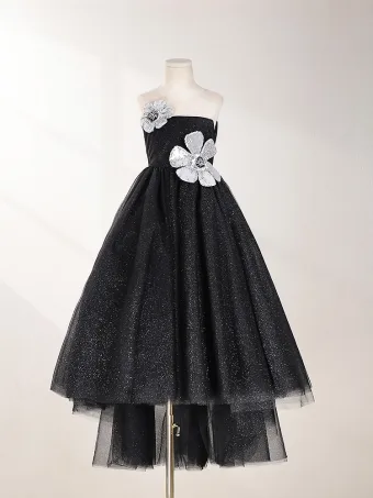 Scintillantes Noire Perlage Paillettes Fleur Anniversaire Robe Ceremonie Fille 2024 Princesse Encolure Dégagée Sans Manches Dos Nu Thé Longueur