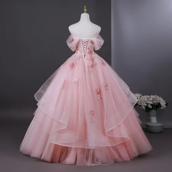 Flower Fairy Blushing Pink Beading Appliques Cascading Ruffles Prom Dresses 2025 Ball Gown Strapless Sleeveless Backless Floor-Length / Long Formal Dresses