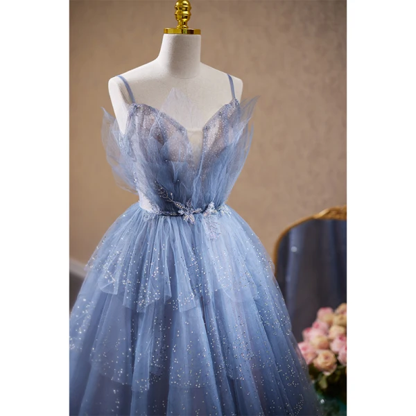 Sexy Bleu Ciel Perlage Faux Diamant Robe De Soirée 2023 Princesse Bretelles Spaghetti Sans Manches Dos Nu Longue Soirée Robe De Ceremonie
