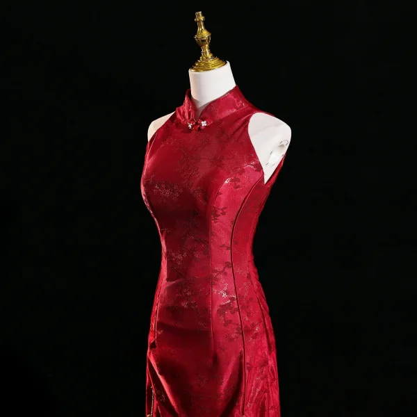 Chinese style Burgundy Printing Evening Party Cheongsam 2025 Trumpet / Mermaid High Neck Sleeveless Backless Floor-Length / Long