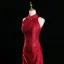 Chinese style Burgundy Printing Evening Party Cheongsam 2025 Trumpet / Mermaid High Neck Sleeveless Backless Floor-Length / Long