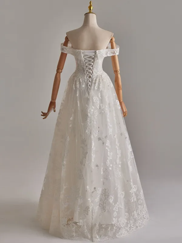 Schlicht Weiß Spitze Blumen Brautkleider / Hochzeitskleider 2025 A Linie Off Shoulder Ärmellos Rückenfreies Lange