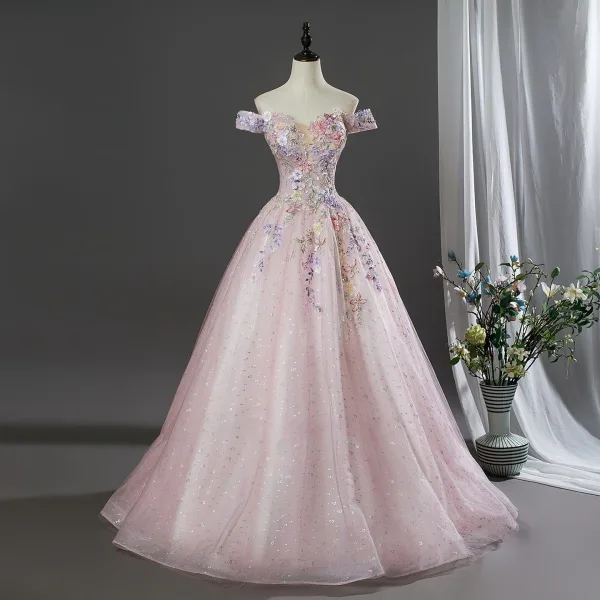 Lovely Blushing Pink Beading Sequins Lace Flower Appliques Prom Dresses 2026 Ball Gown Off-The-Shoulder Short Sleeve Backless