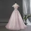 Lovely Blushing Pink Beading Sequins Lace Flower Appliques Prom Dresses 2026 Ball Gown Off-The-Shoulder Short Sleeve Backless