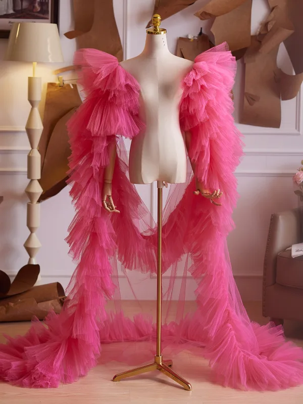 Mode Fushia Volants en Cascade Fait main Soirée Manches Courtes châle 2025 Tulle