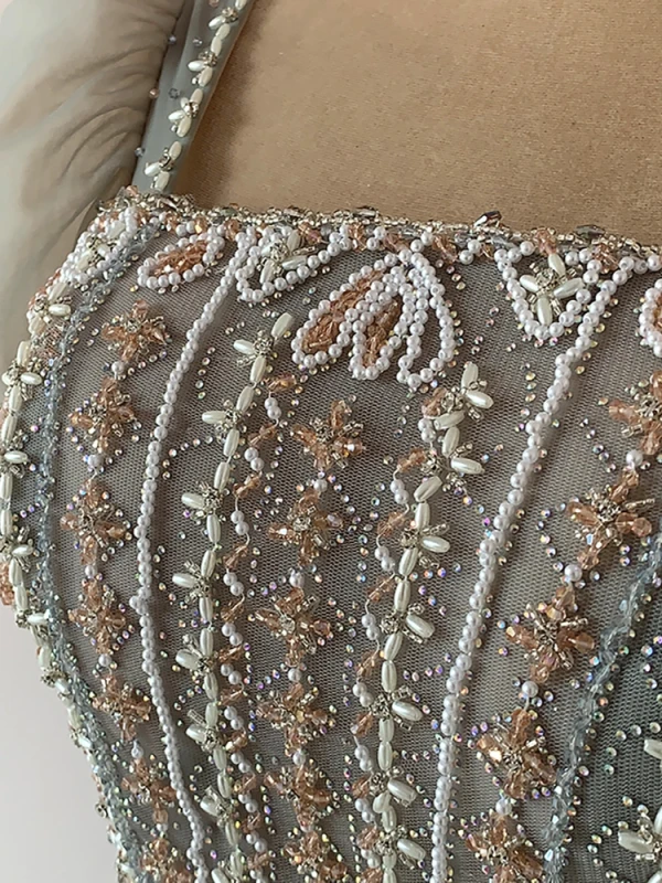 Illusion Gris Perlage Perle Faux Diamant Robe De Soirée 2023 Princesse Encolure Carrée Manches Courtes Dos Nu Noeud Ceinture Longue Soirée Robe De Ceremonie
