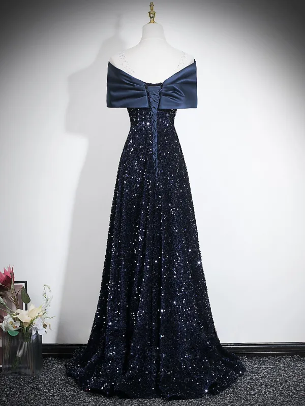 Sparkly Black Gold Sequins Evening Dresses 2026 A-Line / Princess Off-The-Shoulder Short Sleeve Backless