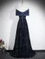 Sparkly Black Gold Sequins Evening Dresses 2026 A-Line / Princess Off-The-Shoulder Short Sleeve Backless