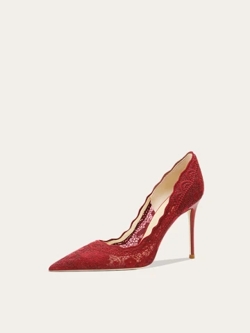 Chic Belle Bordeaux En Dentelle Fleur Chaussure De Mariée 2024 Cuir 10 Cm Talons Aiguilles À Bout Pointu Mariage Escarpins Talons Hauts