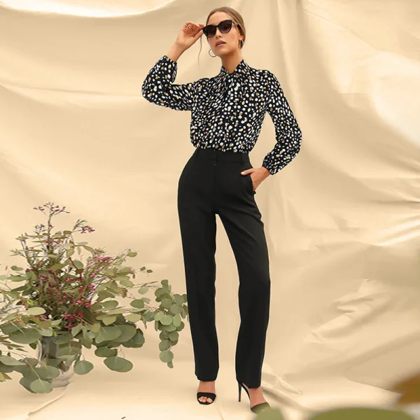 Elegant Green Printing Floral Chiffon Women Blouses 2021 Loose High Neck Work Street Wear Fall Spring Long Sleeve Tops