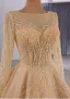 Luxus / Herrlich High End Gold Handgefertigt Perlenstickerei Perle Pailletten Multifarben Feder Ballkleider 2025 Ballkleid Rundhalsausschnitt Lange Ärmel Kapelle-Schleppe Ball