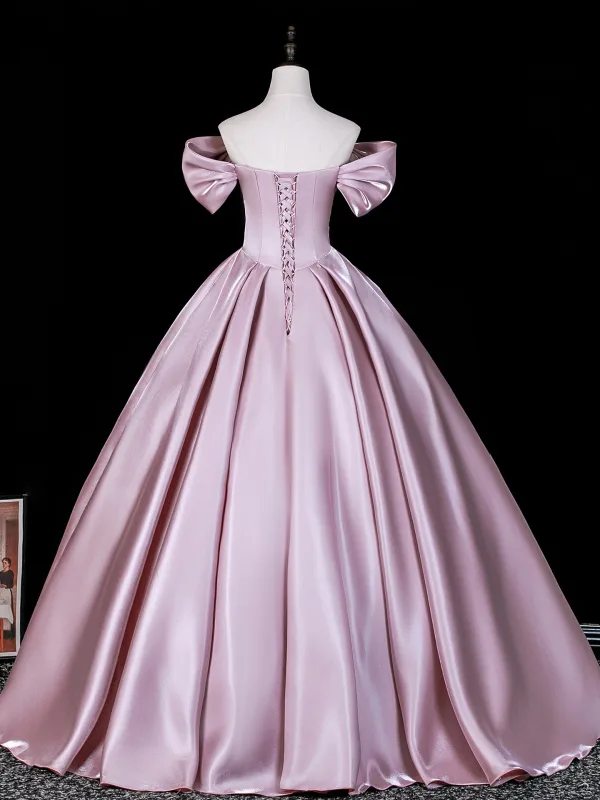 Elegante Rosa Satin Ballkleider 2026 Ballkleid Off Shoulder Kurze Ärmel Rückenfreies Lange Festliche Kleider