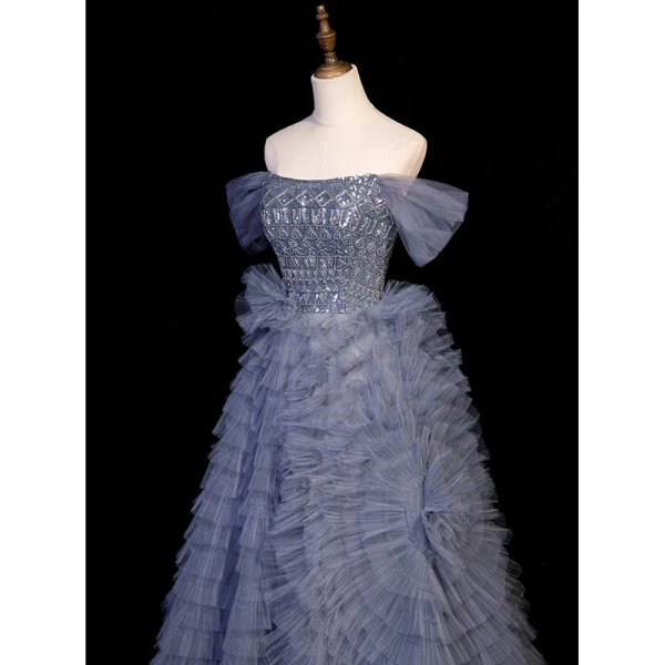 Sexy Ocean Blue Cascading Ruffles Beading Sequins Prom Dresses 2023 A-Line / Princess Off-The-Shoulder Short Sleeve Backless Floor-Length / Long Flower Girl Dresses