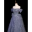 Sexy Ocean Blue Cascading Ruffles Beading Sequins Prom Dresses 2023 A-Line / Princess Off-The-Shoulder Short Sleeve Backless Floor-Length / Long Flower Girl Dresses