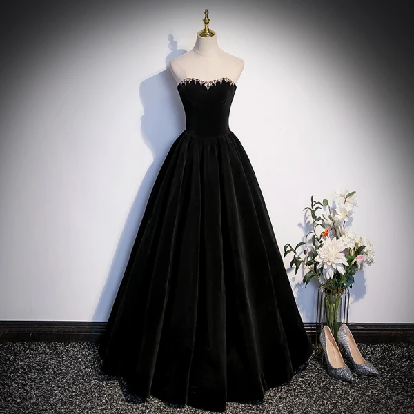 Elegant Black Fall Winter Suede Prom Dresses 2023 A-Line Princess Strapless Rhinestone Elegant Black Fall Winter Suede Prom Dresses 2023 A-Line Princess Strapless Rhinestone